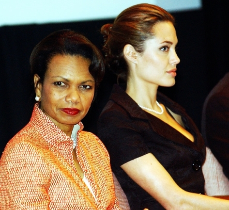 Secretary of State Condoleezza Rice and Jolie at World Refugee Day in 2005