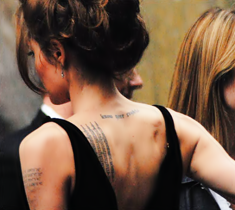 Jolie at the New York premiere of A Mighty Heart in 2007; several of her tattoos are visible